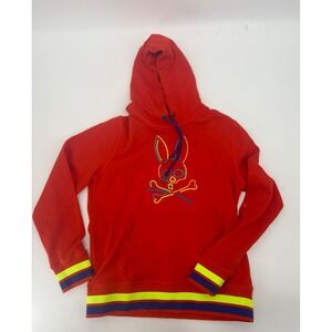 Psycho Bunny Mens Red Neon Embroidered Bunny Skull Logo Hoodie Sweatshirt Size M